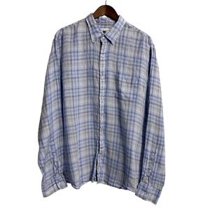 Peter Millar linen shirt men's XL blue coastal beachy preppy plaid button up